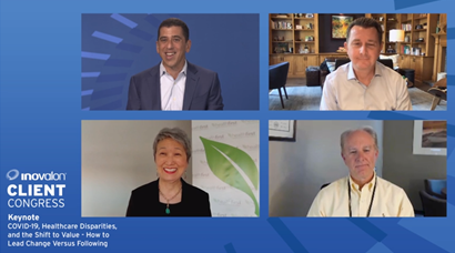 A virtual panel of four professionals, three men and one woman, speak at the Inovalon Client Congress 2020. The event theme highlights “COVID-19, Healthcare Disparities, and the Shift to Value.”.