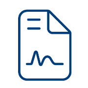 Blue outline icon of a sheet of paper with two horizontal lines at the top and a wavy line graph at the bottom, representing a Real World Data document or report, on a light gray background.