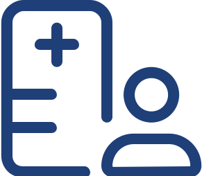 Blue outline icon showing a medical form with a plus sign and horizontal lines next to a simple person figure, symbolizing medical records or patient information powered by Real World Data.