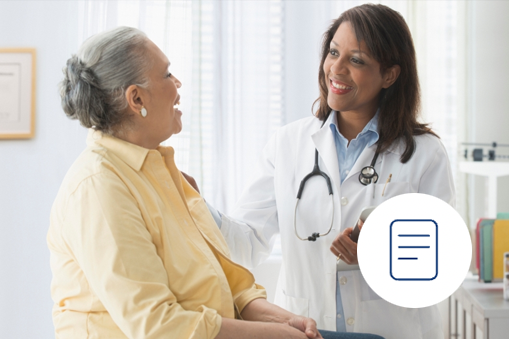 A doctor with a stethoscope smiles and talks to an older woman in a yellow shirt during a consultation, highlighting the use of Real World Data. An icon of a document appears in the lower right corner.