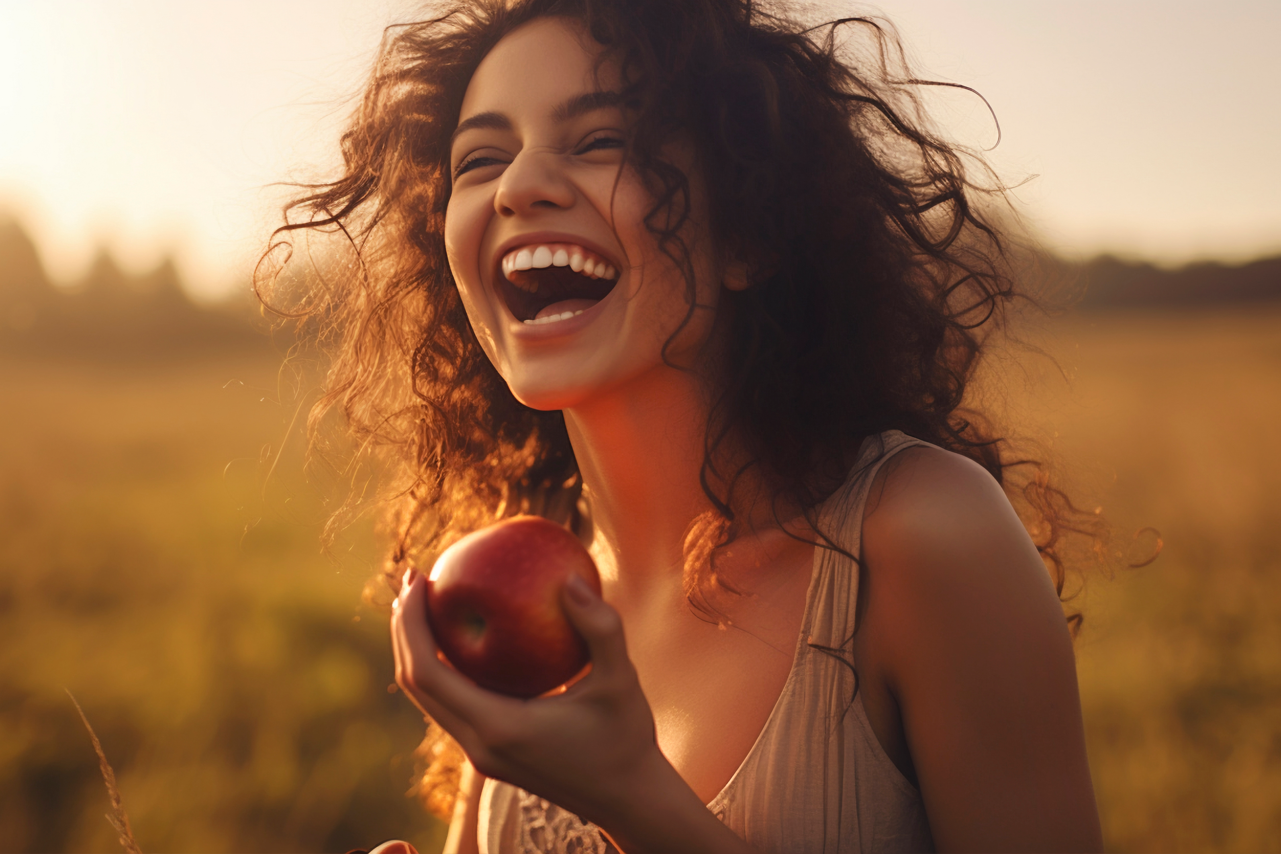 A woman with curly hair smiles joyfully while holding a red apple in her hand, standing in a sunlit field during golden hour, capturing a vibrant moment that feels as authentic as real world data.