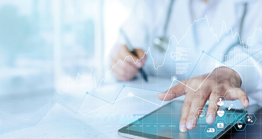 A doctor uses a tablet, with transparent medical icons and data graphs overlayed, symbolizing digital healthcare, data analysis, and revenue cycle predictive analytics.