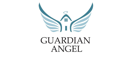 Logo featuring a house with a halo above the roof and stylized angel wings on each side. Below the image, the words “GUARDIAN ANGEL” are written in bold, uppercase letters.