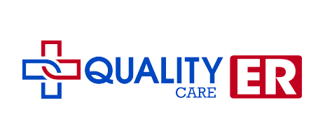 Logo with a red and blue medical cross on the left, followed by the words “QUALITY CARE” in blue and “ER” in bold white letters inside a red box on the right.