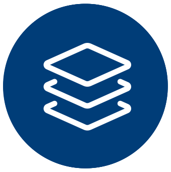 A blue circle with a white icon of three stacked, slightly separated diamond-shaped layers, representing how to increase revenue with automation through efficient layering or stack concepts.