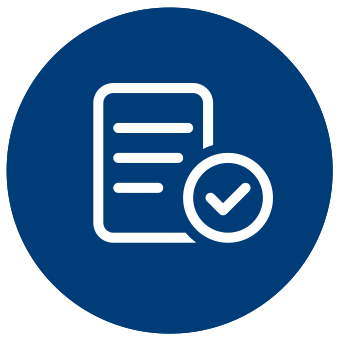 White icon of a document with lines and a checkmark inside a circle, set against a solid blue circular background, symbolizing how you can increase revenue with automation.