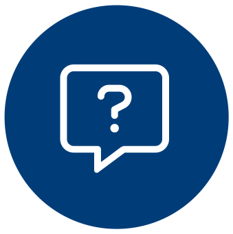 A white speech bubble with a question mark inside is centered on a dark blue circular background, symbolizing guidance and how to increase revenue with automation.