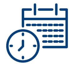 Blue outline icon of a calendar with horizontal lines representing dates, next to a clock showing 3 oclock, symbolizing scheduling or time management.