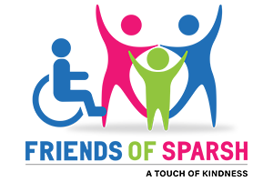 Logo with blue, pink, and green human figures, including one in a wheelchair, forming a group that reflects associate engagement. Text reads Friends of Sparsh and A Touch of Kindness underneath.