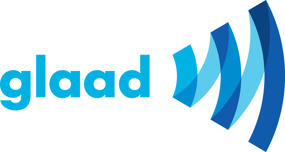 The image shows the GLAAD logo with the word glaad in lowercase blue letters, followed by four stylized blue curved lines resembling sound waves—symbolizing associate engagement and the power of unified voices.