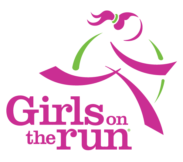 Girls on the Run logo featuring a stylized, running girl in pink and green, symbolizing associate engagement, with the text Girls on the Run below in bold pink and purple letters.