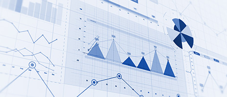 A collection of blue and gray charts and graphs, including line graphs, bar charts, pie charts, and data points, displayed on a light background to represent statistical or healthcare research analysis.