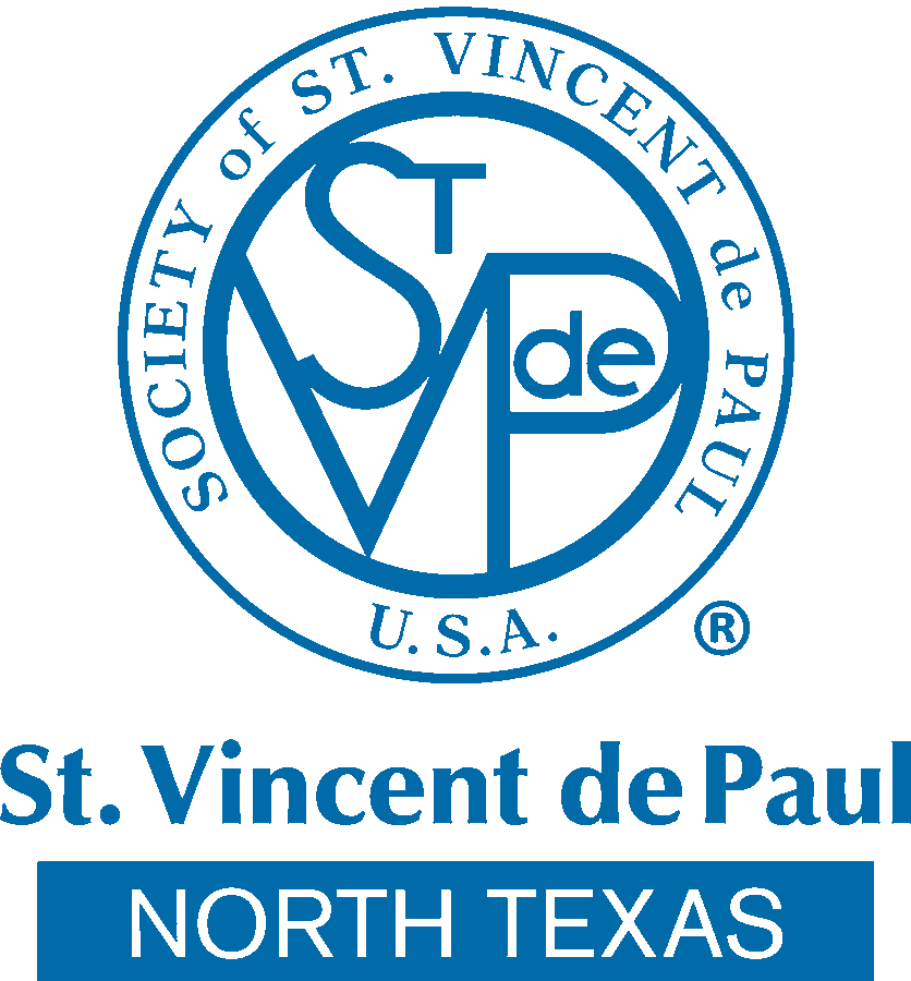 Logo of the Society of St. Vincent de Paul, North Texas, featuring a blue circular emblem with “ST VdeP U.S.A.” inside and the organization’s name and location below, reflecting a commitment to associate engagement within the community.