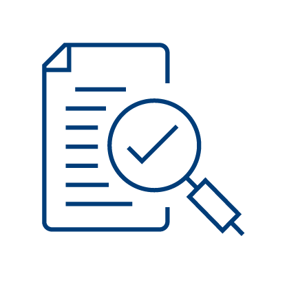 A simple line drawing of a document with horizontal lines and a folded corner, next to a magnifying glass containing a check mark, symbolizing document review or verification in risk adjustment software.