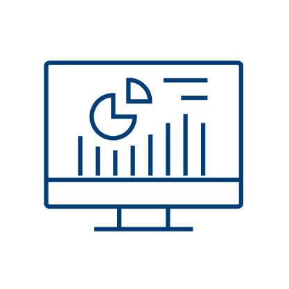 A simple blue line drawing of a computer monitor displaying a bar chart and a pie chart, representing quality measurement software or data analysis, on a light gray background.