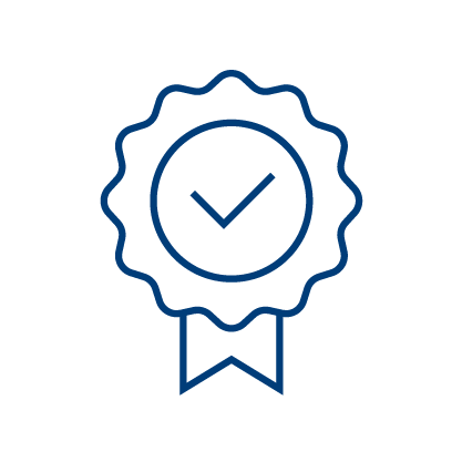 A simple blue outline of an award ribbon with a check mark inside a circle, symbolizing approval or certification—perfect for illustrating trusted member outreach software—on a light gray background.