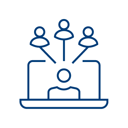 Line drawing of a person on a laptop screen with three figures above, each connected to the person by a line, symbolizing online communication or virtual collaboration using member outreach software.