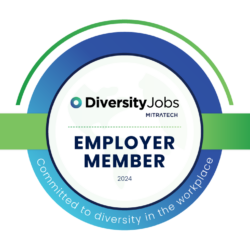 A circular badge with a green ribbon reads DiversityJobs Employer Member 2024, highlighting commitment to diversity in the workplace and inclusive careers, on a blue and green border.