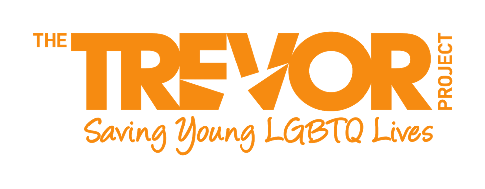 The Trevor Project logo in bold orange letters with the tagline Saving Young LGBTQ Lives—promoting equity and inclusion—written below in a handwritten-style font.