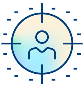Icon of a person inside a circle with crosshairs and dotted lines around it, symbolizing targeting, focus, or user identification. The background is a soft gradient of pastel colors.