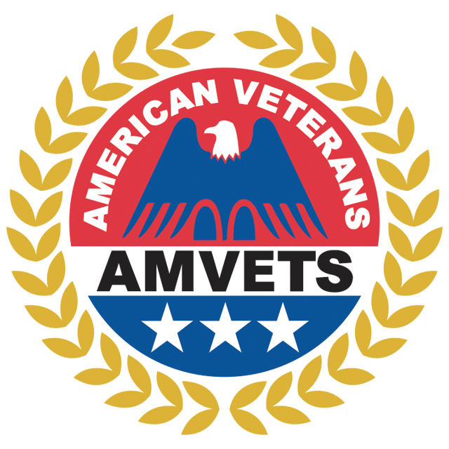 Logo of AMVETS featuring a blue eagle with wings spread, flanked by gold laurel branches. “American Veterans” is above, and “AMVETS” with three white stars is below—symbolizing equity and inclusion among all who have served.