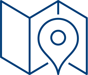 Simple blue line drawing of a folded map with a large location pin marker in front, indicating navigation or location services.