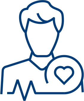Outline drawing of a person with a heart symbol inside a circle near their chest and an electrocardiogram line extending from the bottom left, representing health or medical care.