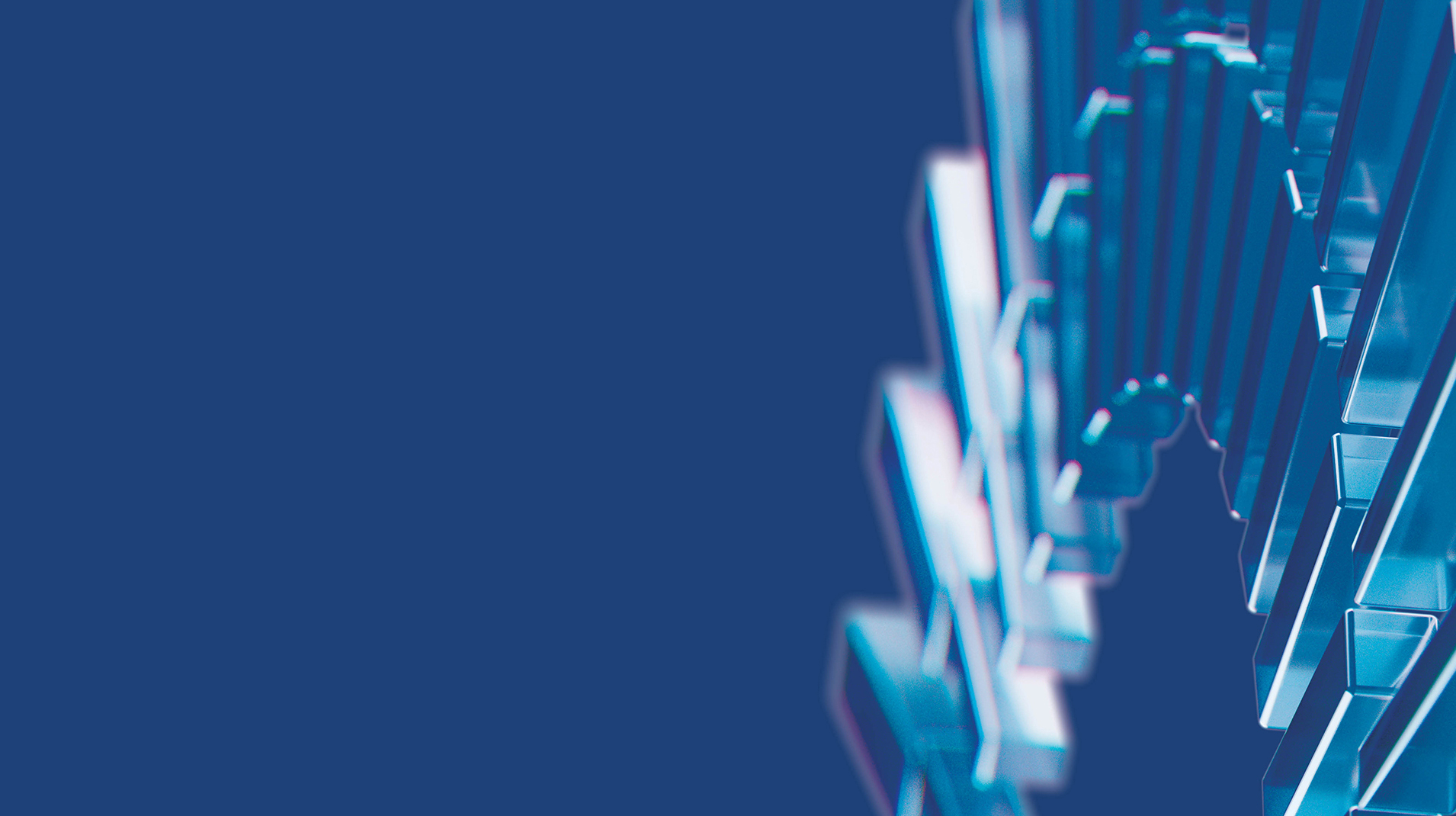 3D blue and white bar graphs rise against a solid blue background, with the tallest bars on the right side and empty space on the left, suggesting financial or statistical growth.