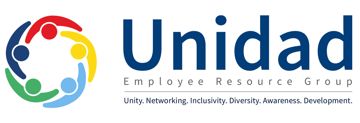 Logo with five colorful human figures in a circle on the left, and the text Unidad Employee Resource Group on the right. Below, it reads: Unity. Networking. Inclusivity. Diversity. Awareness. Development.