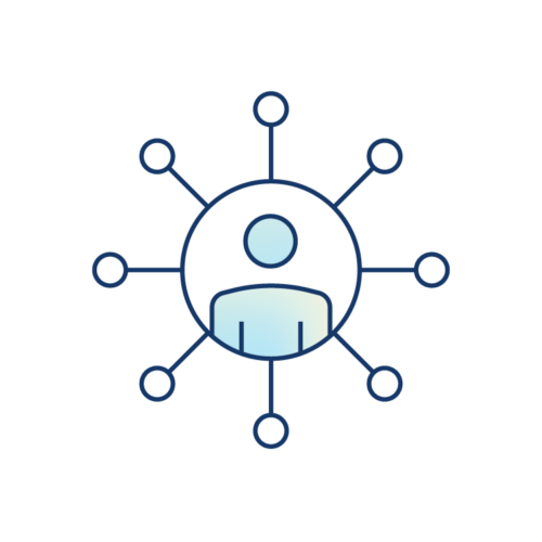 Simple line illustration of a person in a circle with eight lines radiating outward, each ending in a smaller circle, symbolizing equity and inclusion through network, connectivity, and centralization.