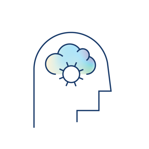 Minimalist illustration of a human head in profile with a cloud and sun inside, symbolizing positive thinking, equity, and inclusion. Rendered in soft pastel colors on a light background to evoke mental clarity.