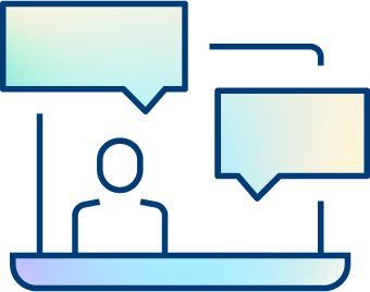 A simple line drawing of a person sitting at a desk with two large speech bubbles above, symbolizing communication or conversation.