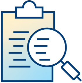 Illustration of a clipboard with paper and lines representing text, alongside a magnifying glass enlarging part of the paper.