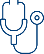 Simple blue line drawing of a stethoscope on a light gray background, with the chest piece on the right and earpieces on the top left.