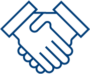 Simple blue outline illustration of two hands shaking, representing a handshake or agreement.