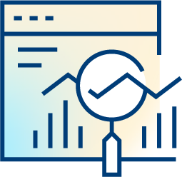 Illustration of a web browser window with bar and line graphs, and a magnifying glass highlighting a section of the line graph, representing data analysis or website analytics.