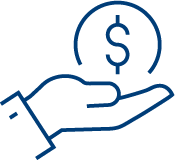A simple blue line drawing of a hand facing up with a dollar sign hovering above the palm, symbolizing giving, receiving, or handling money.