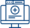 Blue outline icon of a computer monitor displaying a webpage with a large plus sign in a circle, and two horizontal lines representing text below it.