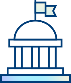 Simple line drawing of a government building with columns, a dome, and a flag on top. The illustration is blue and white with a gradient on the base.