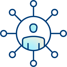 A simplified icon of a person inside a circle, with lines and smaller circles radiating outward, representing networking, connectivity, communication, or building careers.