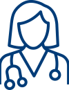 Simple blue line drawing of a female healthcare professional wearing a stethoscope around her neck; her facial features are not detailed.