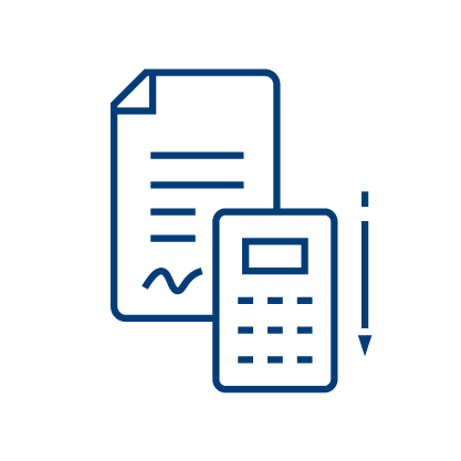 Icon of a document with text lines next to a calculator, and a vertical arrow pointing downward beside them, representing financial calculations or paperwork.