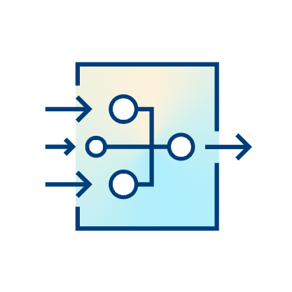 A diagram with three arrows entering a box from the left—depicting healthcare software integrations—connecting through a network of circles and lines inside, and one arrow exiting to the right, representing a seamless process or data flow.