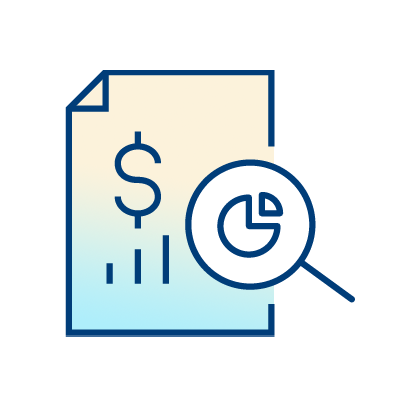 Icon of a document with a dollar sign and bar chart, next to a magnifying glass highlighting a pie chart, representing financial analysis or Medicare ADR Submission Software report evaluation.
