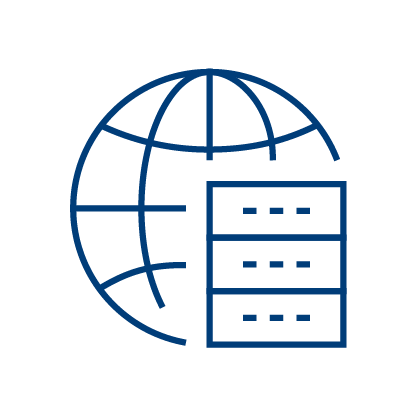 Blue line icon of a globe with grid lines beside a three-tiered server, symbolizing global data or clinical data extraction software, on a light background.