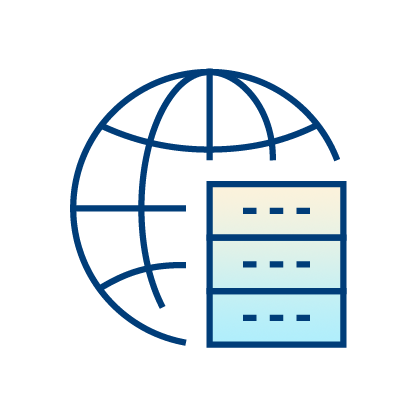 A simple icon showing a blue globe with grid lines behind a server rack with three drawers, representing internet or global network and data storage.