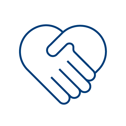 A simple blue line drawing of two hands shaking, forming the shape of a heart on a light gray background.