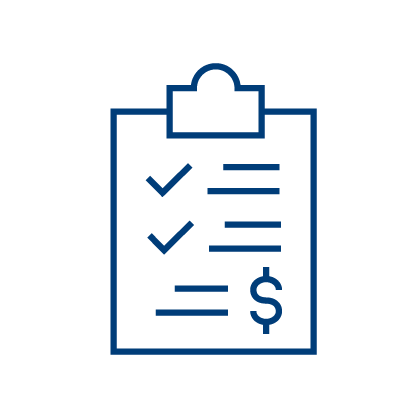 Simple line drawing of a clipboard with checkmarks, lines representing text, and a dollar sign, suggesting a financial checklist or a budget review document.