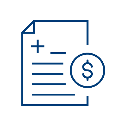An icon of a document with lines and a plus sign, alongside a dollar symbol inside a circle, representing a financial statement or invoice.