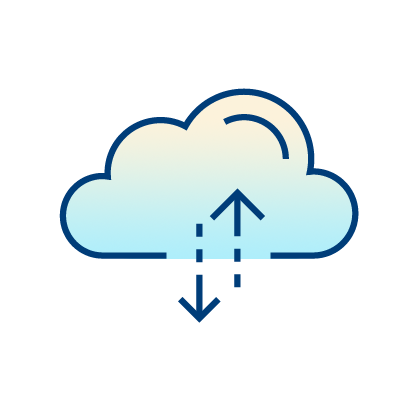 A simple illustration of a cloud with an upward and a downward arrow, representing cloud storage or data transfer. The arrows are dashed in the middle, showing upload and download actions.